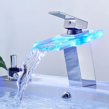 Смесител за мивка с led осветление, кран за топла и студена вода, месинг водопад, Промяна в температурата, Цвят, батерия за баня, стъклени кран за мивки, монтирани на бортике