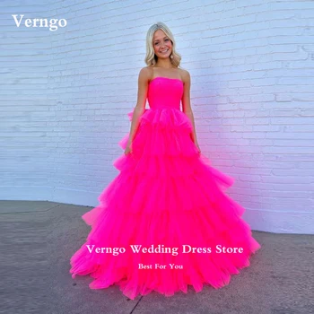 Verngo Ярко Розово тюлевые дълги рокли за абитуриентски бал, без презрамки, с много нива на пола с волани, вечерни рокли, официални тоалети, Vestidos de noiva