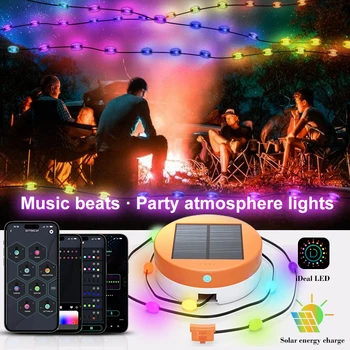 Слънчевата RGB IC лампа за къмпинг с управлението на приложение Bluetooth LED Разтегателен умен музикален ритъм Водоустойчива лампа за партита на закрито и открито
