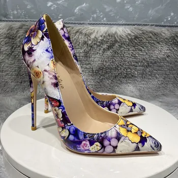 NoEnName_Null-Дамски обувки на висок ток с цветя модел, секси и очарователен обувки с заострением, жълти, сини, за партита, 8 см. на 10 вж. 12 представа за размера 33-45
