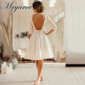 Mryarce Кратко сватбена рокля с отворен гръб от крепа с дължина до коляното Сватбени рокли с ръкави robe de mariage