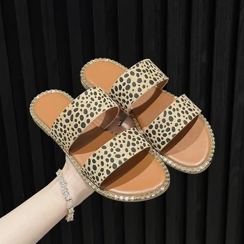 Обувки за жени 2023, летните чехли на равна подметка, Чехли с леопардовым принтом, улични дамски плажни сандали Pantuflas De Mujer