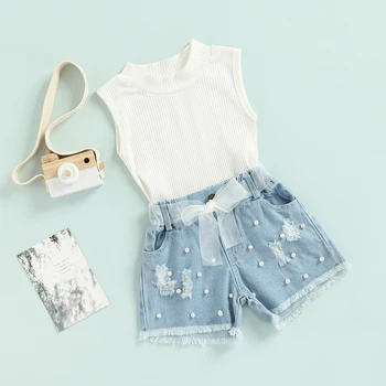 Детски Летни дрехи за малките момичета, обикновена блузи без ръкави в рубчик и ежедневни дънкови къси панталони с перли и колан в комплект