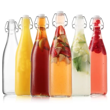 Прозрачна стъклена бутилка с панти капак и херметична запушалка, Бутилки с панти капак са идеални за олио и оцет, напитки, домашни сокове