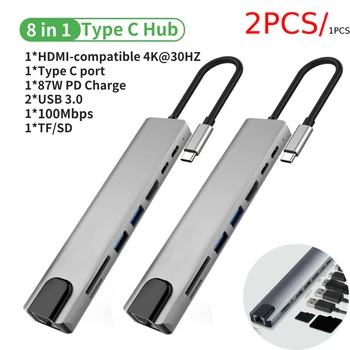 USB C Hub 8 В 1 Type C е съвместим с HDMI адаптер от 3,1 До 4K, С Устройство, rj-45 Четец за карти SD/TF карта за Преносим компютър Notebook MacBook