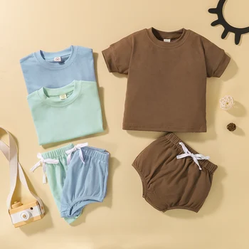 FOCUSNORM/Летни Всекидневни комплекти дрехи от 2 теми за малките момчета и Момичета от 0 до 3 Години, Обикновен Пуловер с къси ръкави в 3 Цвята, Hoody, Потници, Шорти