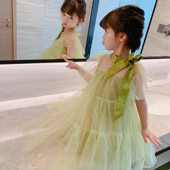 Детски рокли за момичета, лятото 2023, ново сетчатое лятното модно принцеса рокля с дължина до коляното, с кръгло деколте и лък и къс ръкав