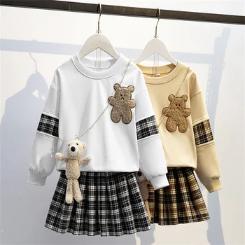Детски дрехи, сладък пуловер с дълги ръкави в корейски стил, топ + плиссированная пола в клетката, комплект дрехи за момичета 10 12 14 години