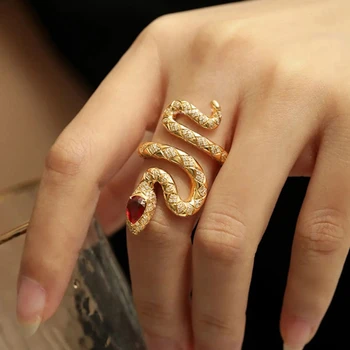 Искрящи червени пръстени във формата на змии за жени, луксозен златист цвят crystal, мода декорация за сватбени партита, женски пръстен