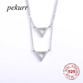 Pekurr, сребро 925 проба, прости триъгълни колиета с двойна верига, Дамски Висулки от цирконий, геометричните аксесоари