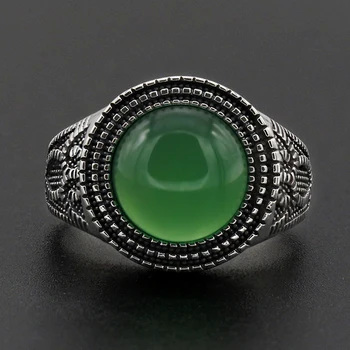 Мъжки пръстен от Сребро проба 925 с кръгла форма със зелен естествен Камък, подобни на фигура сови, Винтажное за жени, Мъже, Любители на бижута
