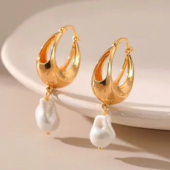 Бял нередовен висулка от сладководни перли, в стил барок, Дамски висящи обеци с 18-каратово златно покритие, Малки обеци, Модни вечерни украса