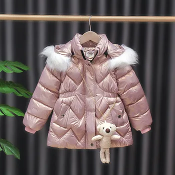 Зимно детско палто за момичета с Мечка, Утепленная бебешко яке с памучна подплата, Дълга парка с качулка, Топли Дрехи за деца A887