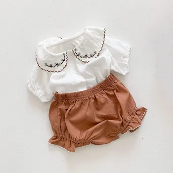 Комплект Дрехи за новородени момичета от 0 до 3 години, летен топ с флорални принтом, риза с волани, къси панталони, сладко Сладко памук, комплект дрехи от 2 теми