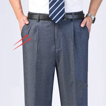 Летни тънки панталони-смокинг с висока талия, свободни двойни нагънат костюмные панталони, бизнес и ежедневни мъжки панталони за бащата на средна възраст