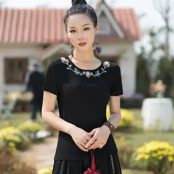 2023 китайската традиционна риза с кръгло деколте, дамски национална бродерия на цвете, етническа риза, ориенталски костюм от епохата на Тан, китайците базова риза в стил ретро